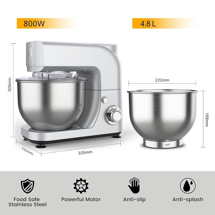 Кухонна машина-міксер з нержавіючою чашею, 6 швидкостей, для замішування тіста та збивання
