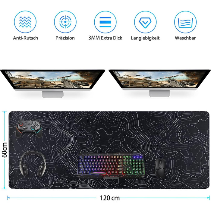 Ігровий килимок для миші Zindoo XXL 1200x600 мм з топографічним візерунком (Artistic Curve, чорний)