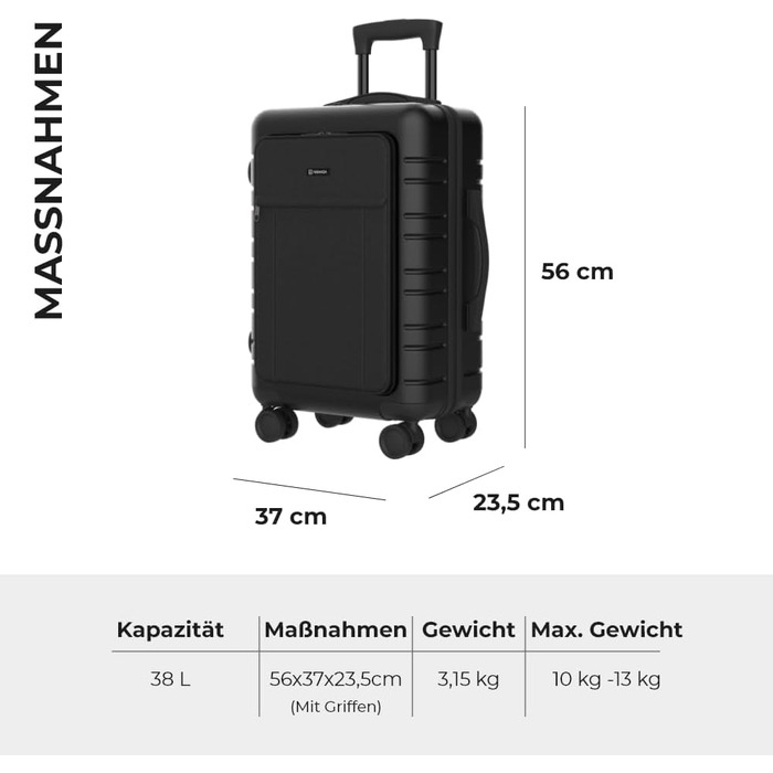 Чемодан ручної поклажі PackPro T20 (56x37x22 см) з ABS пластику, TSA-замком та 4 колесами. Чорний, з внутрішніми відділеннями та світлом. Міцний, надійний.
