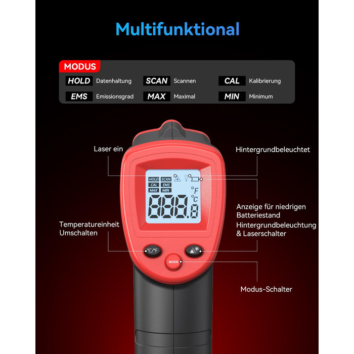 Інфрачервоний термометр Wintact -50℃ - 590℃, цифровий, безконтактний, для кухні та піци, WT320