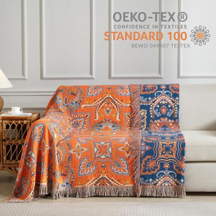 Богемна ковдра Boho Decke 100% бавовна – двостороння муслінова ковдра 150x200 см, м'яка софа/ковдра та покривало для ліжка, естетичний дизайн, ідеально для вітальні та спальні, помаранчево/блакитний колір, зірковий сон 150 x 200 см