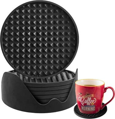 BARVIVO Coasters by Barvivo, Set of 8 Silicone Coasters in Black with Triangles - Drink Coasters to Protect Wood, Glass, or Marble Surfaces - Cup Coasters