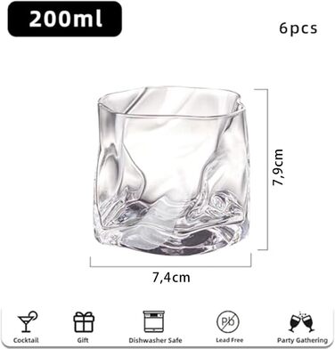 Набір склянок 6 шт. 200 мл - Кришталеві склянки для віскі з нерівномірною поверхнею - склянки для напоїв, кави, коктейлів, лонгдрінків, води, чаю, кави, соку - придатні для миття в посудомийній машині (прозорі)