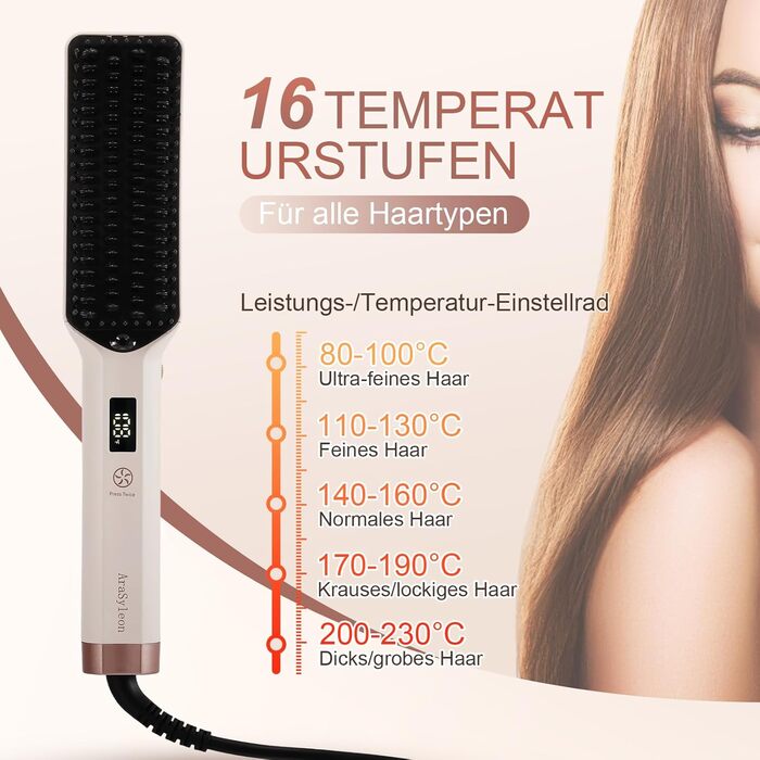 Іонна випрямляюча щітка для густого та кучерявого волосся - випрямляч для волосся з керамічними щетинками та швидким нагрівом, 16 температур (80-230°C), Dual Voltage