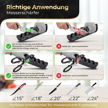 Точилка для ножів Proluxe® Profi з кутовою направляючою та точилка для ножиць – з захисними рукавичками. 4-ступенева ручна точилка для кухонних ножів, ножів дамаск та ножиць – алмазний точильний пристрій
