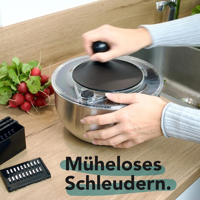 Салатниця-центрифуга з нержавіючої сталі (4,5л) + овочевий тертки з 5 лезами | Зручне віджимання салату завдяки неслизькому дну та ручним приводом