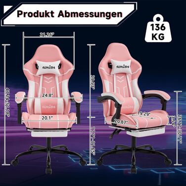 Ігрове крісло SUKIDA Ergonomic Gaming Chair з підножкою та підтримкою попереку, комп'ютерне офісне крісло (Рожево-біле)