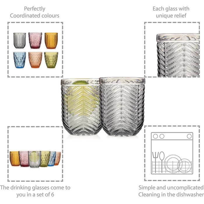Sänger Drinking Glasses Set Porto - 6-Piece Glass Set for 6 People, Water Glasses, Multicolored, Unique Cut, Everyday Use, Family Meals, Office, Outdoor Juice Glasses Set | 310 ml