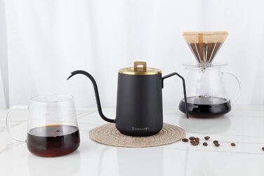 Easyworkz Swan Neck Pouring Kettle 600ml Stainless Steel Hand Drip Coffee Pot with Long Narrow Spout, Brushed Gold Black