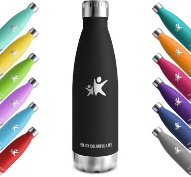 Термос KollyKolla: пляшка для води з нержавіючої сталі 500мл/750мл/1л, не протікає, без BPA, ізоляція, для дітей, спорту, школи, фітнесу, активного відпочинку, кемпінгу, чорний