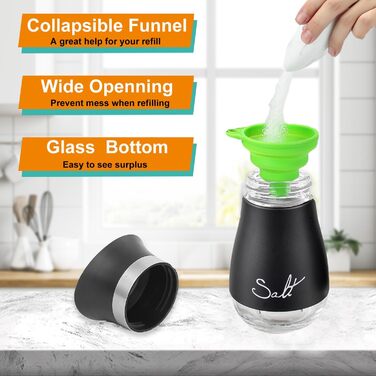 Набір соляної та перечної солілки з нержавіючої сталі з скляною пляшечкою, диспенсер для спецій, аксесуари для кухні, дому, ресторану, обіднього столу (Чорний)