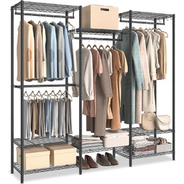 SONGMICS Clothes Rack, Open Wardrobe, Metal Coat Rack, Coat Stand with Adjustable Shelves and Clothes Rails, Hooks, High Load Capacity, Detachable, Cloud White LGR431W01 (Ink Black)