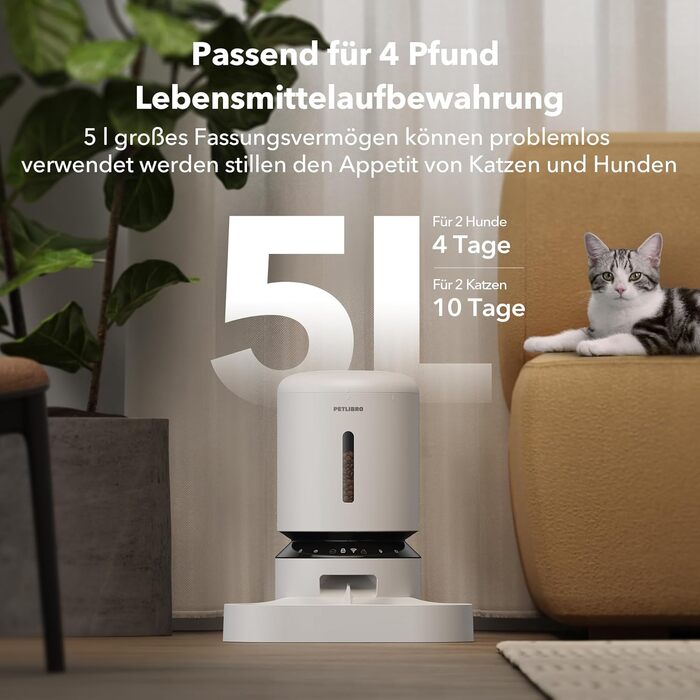 Автоматичний годівниця для котів та собак PETLIBRO 5L з Wi-Fi та мобільним додатком, датчиком низького рівня корму, 1-10 прийомів їжі на день, білий