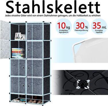 DIY Shoe Cabinet Shoe Shelf, Shelf System Shoe Storage Shelves for Clothes, Shoes, Toys, and Books 111cm x 37cm x 147cm (Black with Door) (8 Boxes)