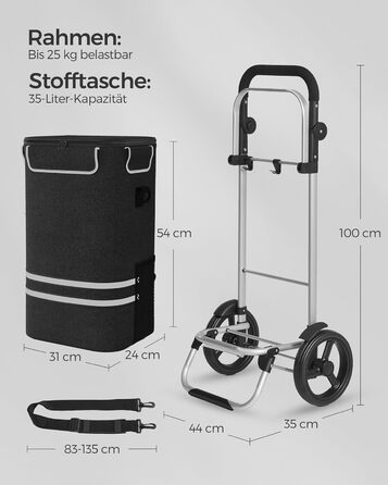 SONGMICS Shopping Trolley, Cart, Shopping Cart with Cooler Compartment, Large, 35 Liters, Folding, Shopping Bag with Wheels, Removable Bag, Black KST03BK