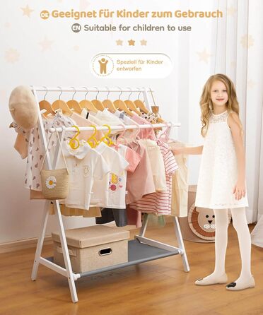 Дитяча вішалка для одягу Yorbay з бамбука, подвійна регульована штанга, полиці для зберігання, біла