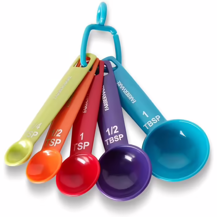 Farberware 5-Piece Measuring Spoon Set, perfect for measuring wet and dry ingredients, includes a detachable ring for optimal storage and organization, dishwasher safe, assorted.
