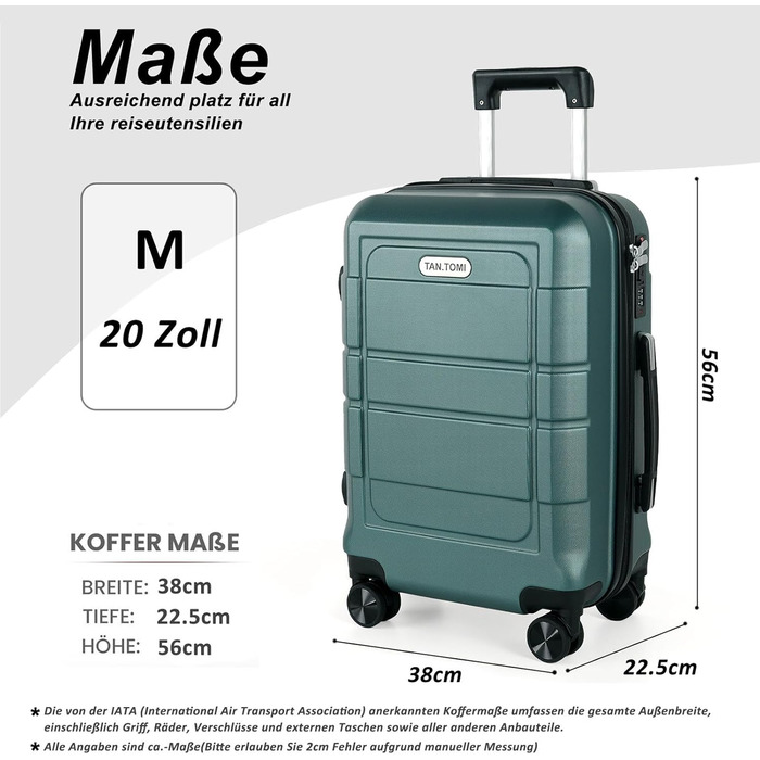 Валіза ручної поклажі TANTOMI 20 дюймів, жорсткий корпус ABS+PC, телескопічна ручка, колір світло-темнозелений (Set M/L/XL)