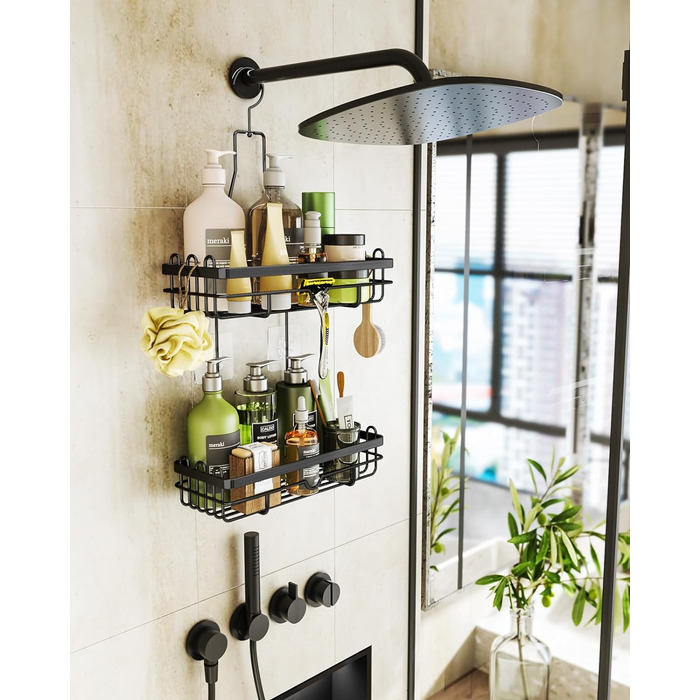 HapiRm Shower Shelf for Hanging with Razor Holder & Soap Holder, Hanging Shower Shelf with Multiple Hooks - High-Quality Hanging Shower Basket Stainless Steel No Drilling, Black