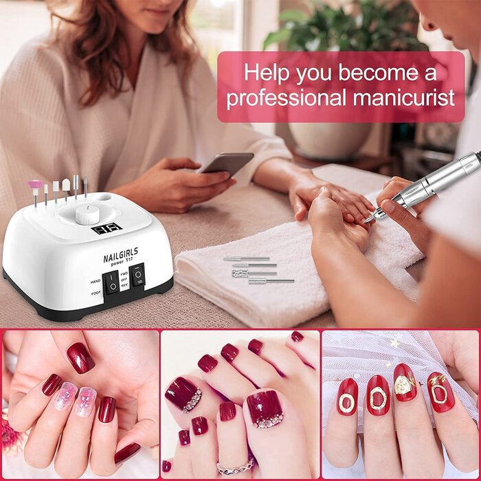Електрична машинка для манікюру та педикюру Nailgirls 11 в 1 з LED-дисплеєм та педаллю, 35000 об/хв, для гелю та акрилу