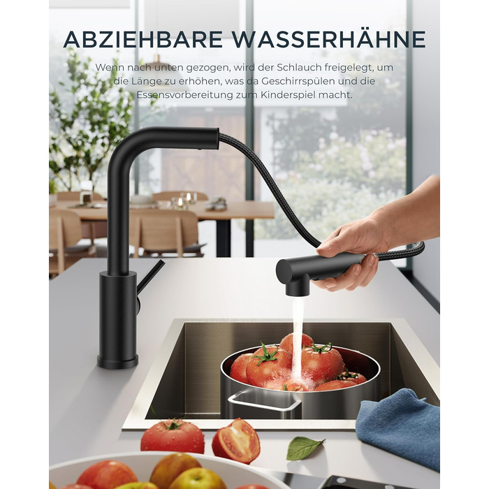 Змішувач для кухні FORIOUS висувний з душем, кухонний змішувач, L-подібний, 2 режими розпилення, поворотний 360°, матовий чорний