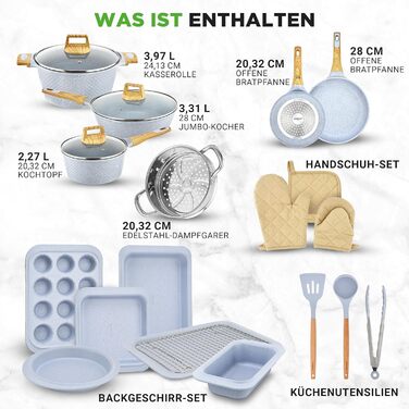 Набір посуду NutriChef 22 предмети антипригарний мармуровий блакитний – сковороди, каструлі, аксесуари для кухні, індукція, посудомийна машина