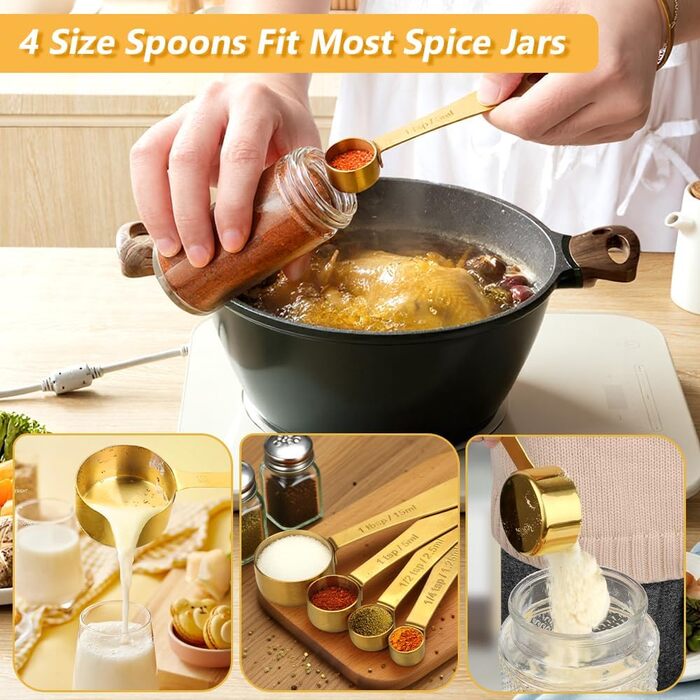 Набір мірних стаканів та ложок Cuteefun Gold, 13 предметів, нержавіюча сталь: мірний стакан 5 чашок, 8 магнітних ложок з рівнем для вимірювання сухих та рідких інгредієнтів для випічки та приготування їжі