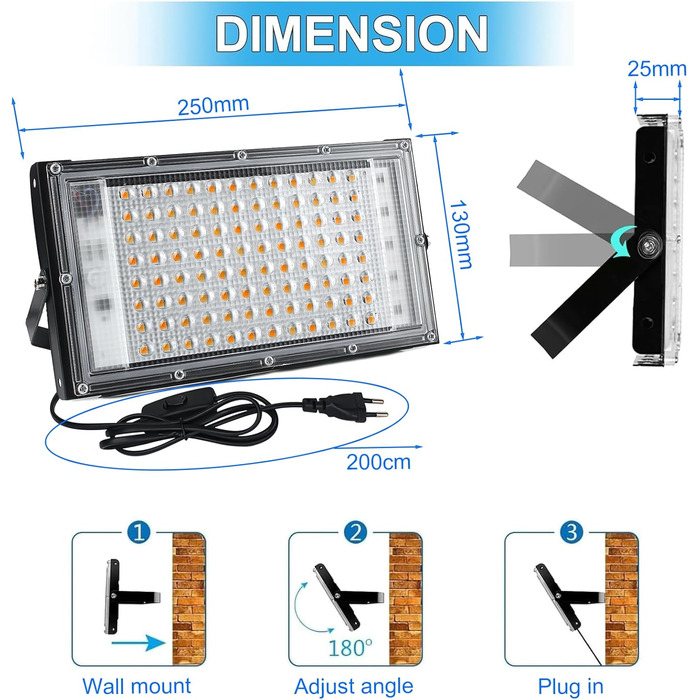100W LED Floodlight, Plug-in LED Floodlight, 2 Pieces 10000 Lumen LED Floodlight 3000K Warm White Outdoor Floodlight with IP65 Waterproof for Bright Garden Garage Sports Field