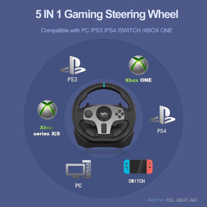 Ігрове кермо PXN V9 з педалями та перемиканням передач - для PC, Xbox, PS4, PS3, 270/900 градусів, з функцією Tool-App та вібрацією