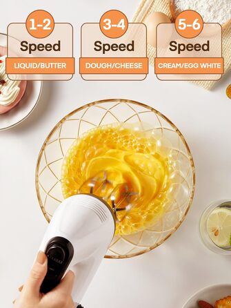 Електричний ручний міксер 400 Вт з 6 швидкостями та Turbo Boost, з набором аксесуарів, нержавіюча сталь, білий