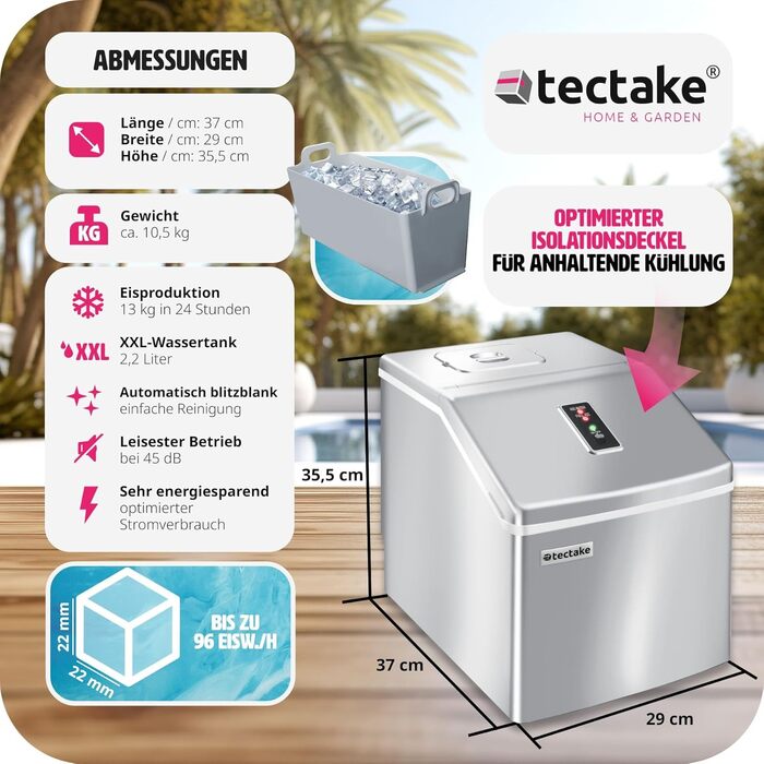 TecTake Professional Ice Cube Machine, Ice Cube Maker for Clear Ice Cubes, Ice Cube Maker, 13 Kg 24 h, 2.2 Liter Water Tank, 24 Ice Cubes per Cycle, incl. Ice Bucket and Ice Scoop - Silver