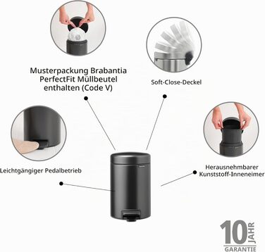 Сміттєвий відер Brabantia NewIcon для ванної кімнати з педаллю та кришкою, 3 л, сірий (Confident Grey)