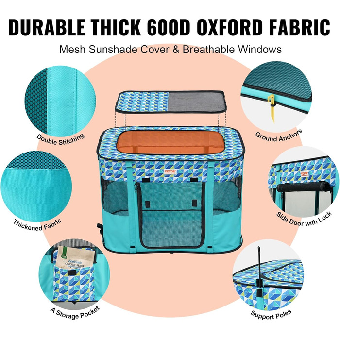 Клітка для цуценят VEVOR, розкладний вольєр для собак, 914 x 914 x 584 мм, з мискою, 600D Oxford, для малих та середніх тварин (Блакитна)