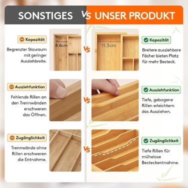 Органайзер для столових приборів Lifewit для шухляд 43 см, дерев'яний, розширюваний (31-53 см), бежевий