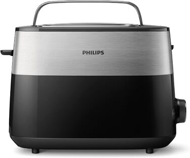Philips Toaster – 2 Toast Slots, 8 Levels, Bun Tray, Defrost Function, Automatic Shut-off, Black/Silver (HD2516/90) Single