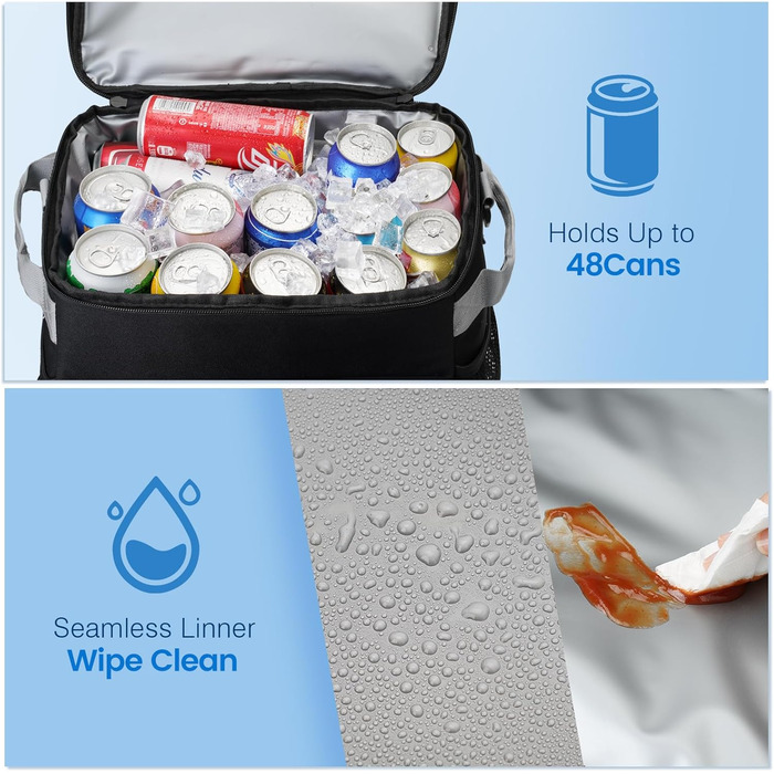 Ізольований холодильник на колесах 48 літрів для пікніка, кемпінгу, риболовлі, пляжу - сірий/чорний