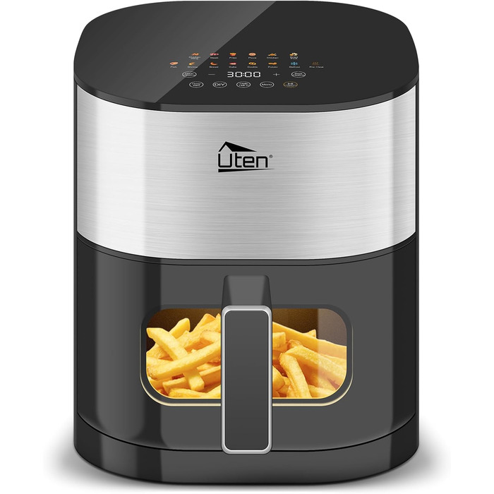 Ультра-сучасна аерофритюрниця Uten Dual Blaze 2000 Вт, без олії, 5,5 л, з оглядовим вікном, 14 програм, рецепти, відкладений старт, без перевертання продуктів, срібляста, квадратна форма