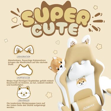 Ігровий крісло Dowinx з вушками для дівчаток, ергономічний геймерське крісло з масажем, регульованою підніжкою та підголівником, коричневе, до 135 кг