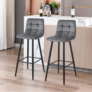 Velvet Bar Stools Set of 2 with Backrest - 66cm Counter Height - Grey