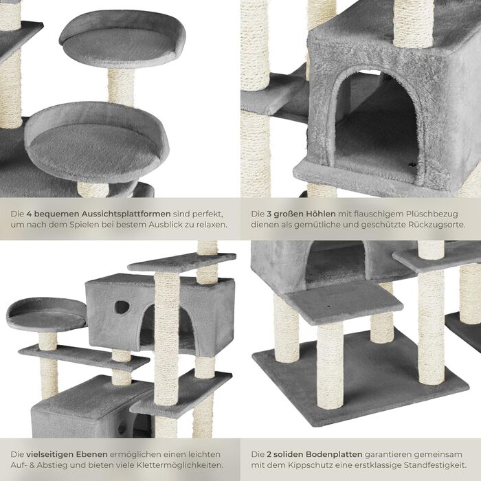 Дерево для котів tectake® велике, з аксесуарами, XXL, 4 будиночки для котів, ігровий комплекс з подряпальною колоною, з сизалю, сірий | 403920