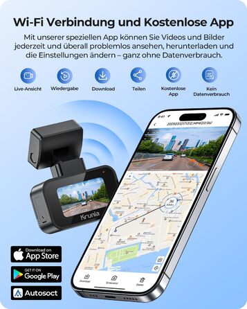 Відеореєстратор Krunia 2K WiFi Mini Dashcam Auto з GPS, CPL, WDR, Нічне Бачення, 24/7, Магнітне кріплення, Superkondensator, 170° Широкий Кут