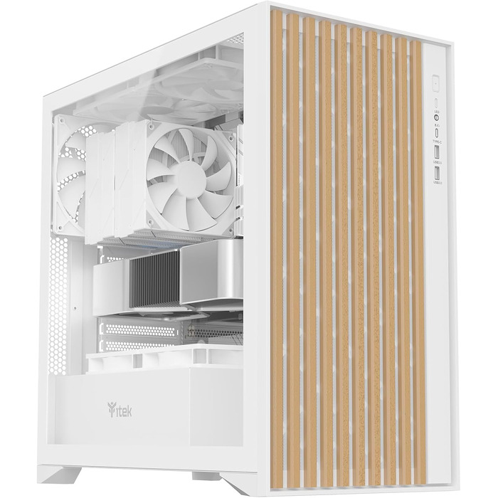 Корпус для ПК Itek Woody – Ігровий комп'ютерний корпус ATX з 3 вентиляторами 140 мм, 2x USB 3.0, Type-C, фасад з дерева, бокова панель з загартованого скла, білий