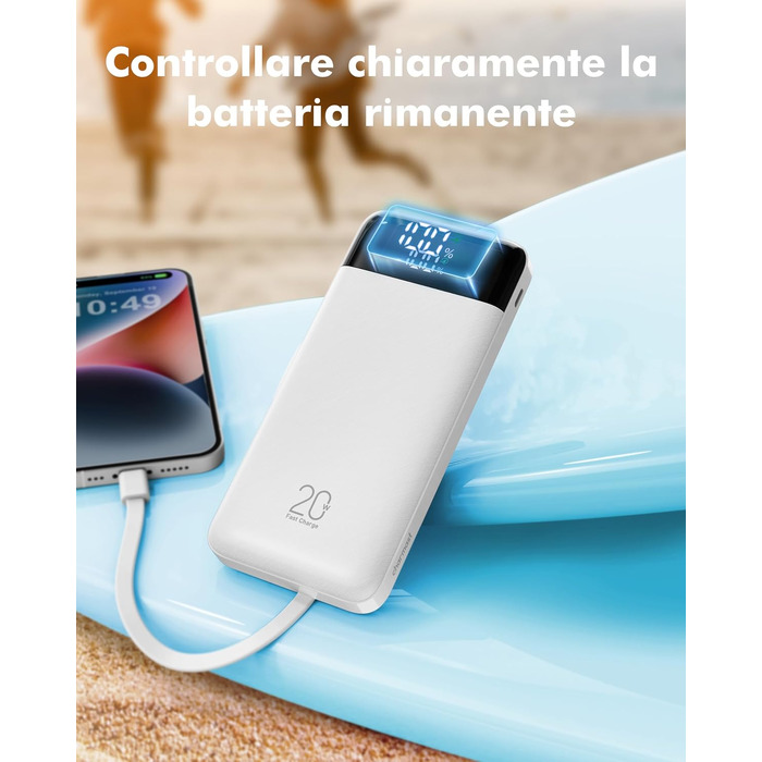 Повербанк Charmast 20000 mAh з вбудованими кабелями, швидка зарядка 22.5W, білий