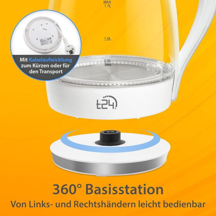Скляний електрочайник T24 79020 з LED-підсвіткою, 1.7 л, 2200 Вт, захист від википання, без BPA, білий