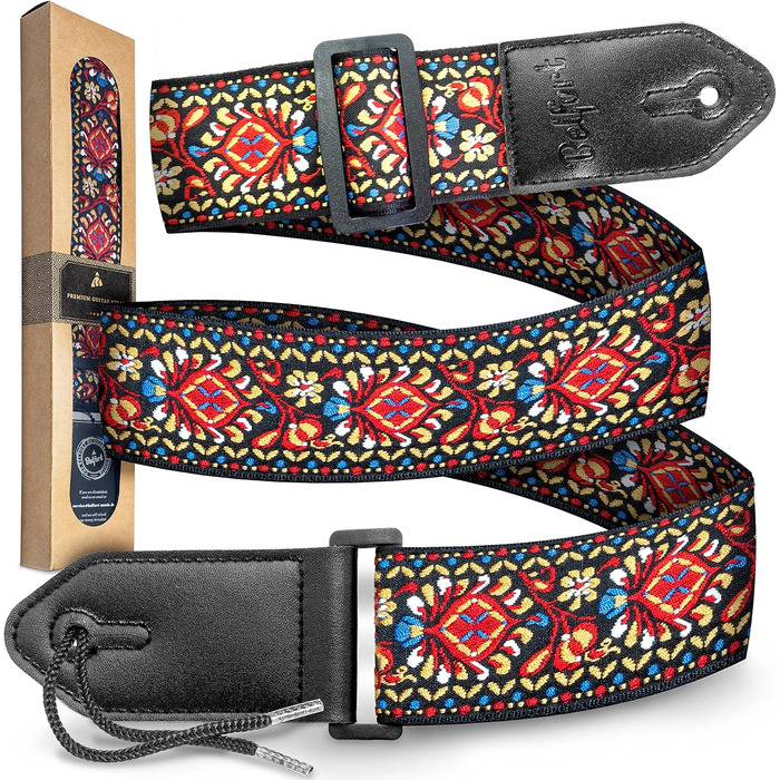 Гітарний ремінь Belfort® для електрогітари, акустичної гітари, бас-гітари та укулеле - для дорослих та дітей, з мікрофібри + E-BOOK (Vintage)