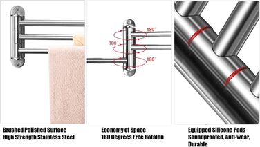 Тримач для рушників у ванну кімнату з 3-ма полицями, поворотний, 40 см, нержавіюча сталь, сріблястий