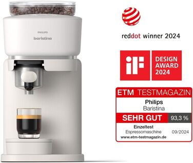 Philips Baristina Espresso Machine - Real Espresso made simple. Compact coffee machine - Naturweiß (off-white) with white portafilter - 16-bar pump pressure - automatic grinder - Cafe Crema (BAR300/00)