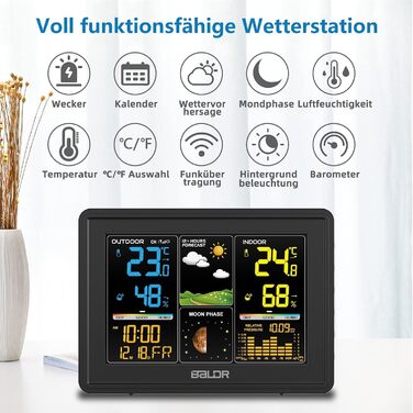BALDR Weather Station Radio with Outdoor Sensor, Digital Color Display DCF Radio Clock Indoor and Outdoor Thermometer Hygrometer, Radio Weather Station with Weather Forecast, Barometer and Moon Phase, Power Adapter