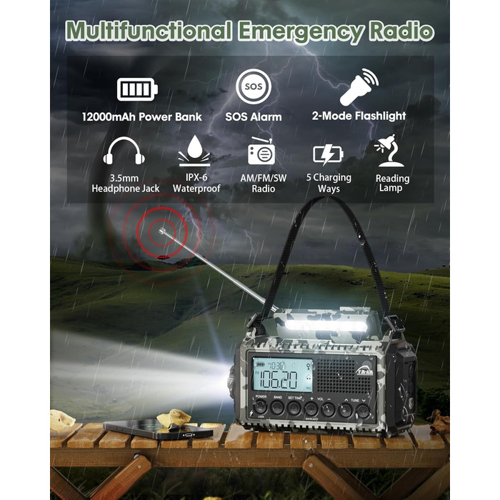 Радіо Kurbelradio на сонячній батареї та з ручкою, 12000mAh, AM/FM/SW, USB-зарядка, SOS-сигнал, для кемпінгу та надзвичайних ситуацій, зелений (сірий камуфляж)