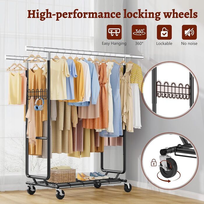 Стійка для одягу на колесах FAVOOOSTY, металева, мобільна, до 200 кг, чорна, 2 стяжки